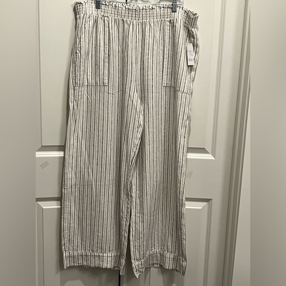 NEW XXL Women’s Wide Leg Linen Blend Striped Pants Elastic Waist Nautical Beachy